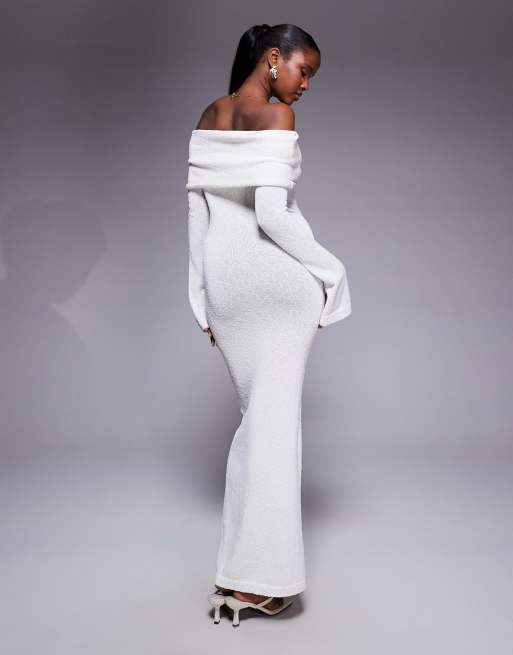 Aria Cove - Robe longue en maille bouclée texturée avec encolure bardot rabattue - Bleu, 4 de 4