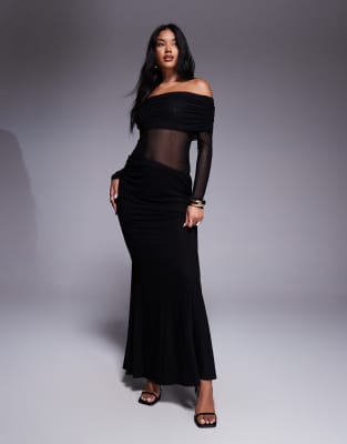 Robe longue en tulle à encolure Bardot et découpe sur le côté - Noir 42