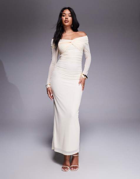Aria Cove - Robe longue en tulle torsadée devant avec encolure bardot - Crème - view 1