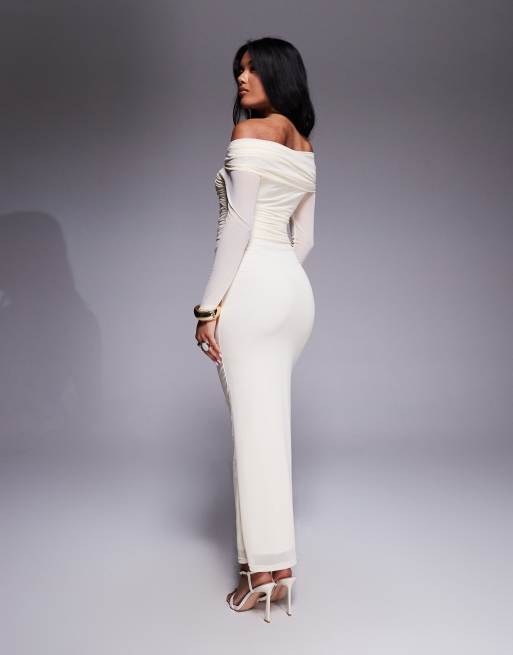 Aria Cove - Robe longue en tulle torsadée devant avec encolure bardot - Crème, 2 de 4