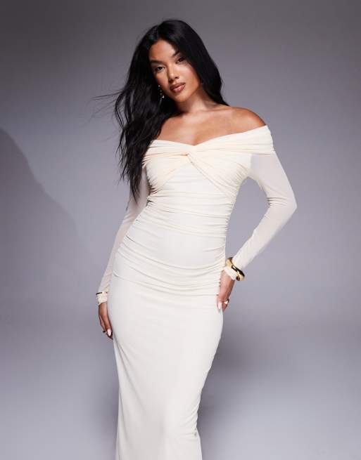 Aria Cove - Robe longue en tulle torsadée devant avec encolure bardot - Crème, 4 de 4