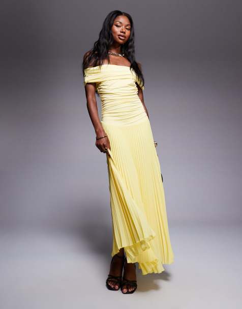 Aria Cove - Robe longue plissée à encolure Bardot et taille froncée tombante - Jaune - view 1