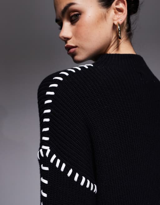 Aria Cove - Robe pull coupe courte oversize à coutures contrastantes - Noir, 2 de 4