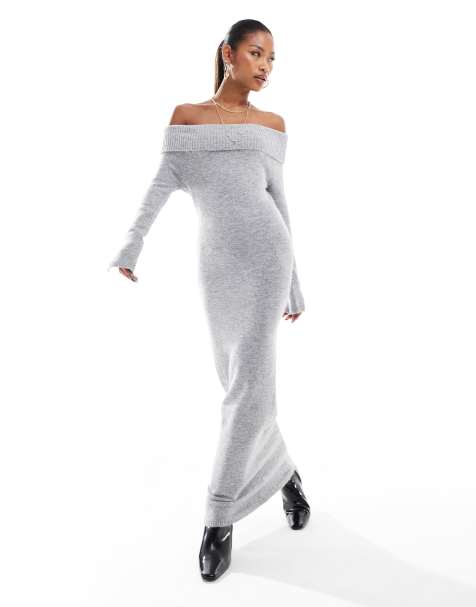 Aria Cove - Robe pull longue en maille avec encolure Bardot rabattue - Gris chiné - view 1