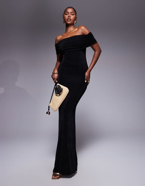 Aria Cove - Robe texturée coupe longue et moulante avec encolure bardot froncée - Noir - view 1