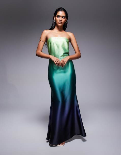 Aria Cove - Robe trapèze longue coupe bandeau en satin - Vert dégradé - view 1