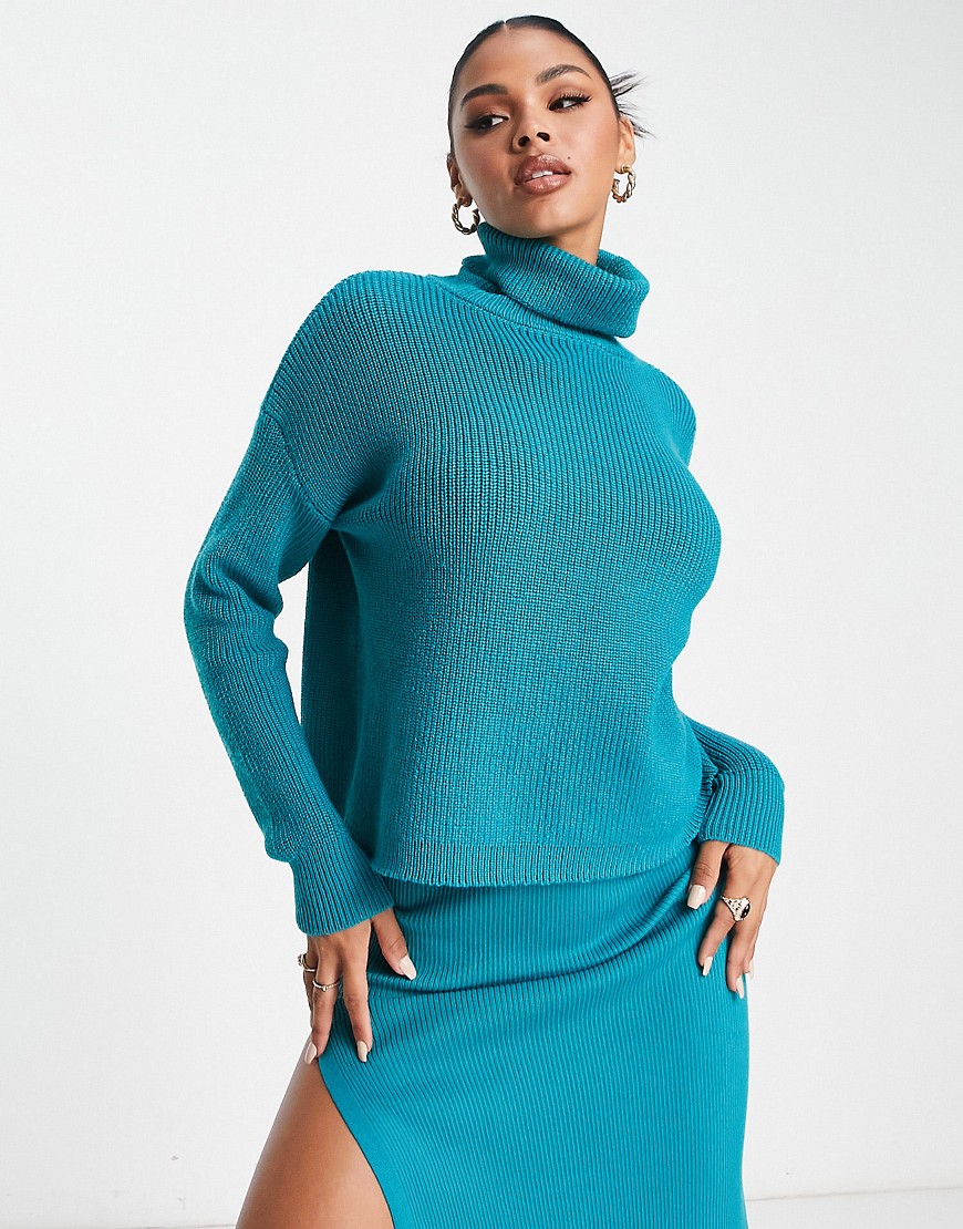 Aria Cove Roll Neck Ribbed Sweater In Teal - Part Of A Set-green