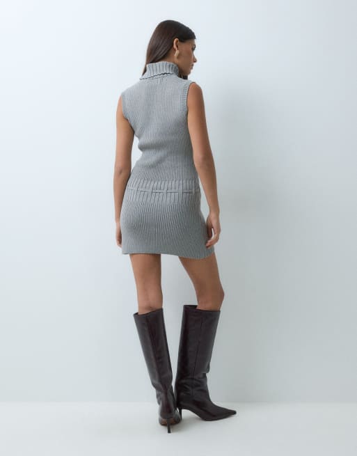 Aria Cove Rollkragen-Strick-Minikleid mit Bindegürtel in Grau, 5 von 5