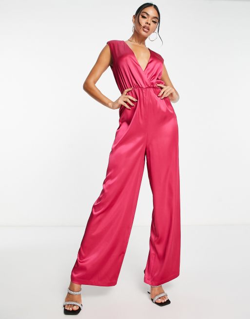 Aria Cove Rosa jumpsuit i satin med djup urringning och vida ben ASOS