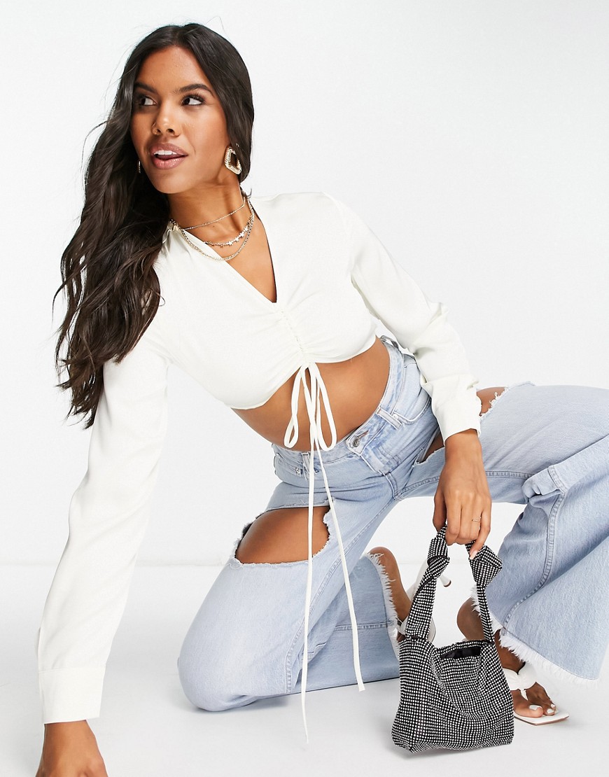 Aria Cove ruched detail long sleeve crop top set in cream-White