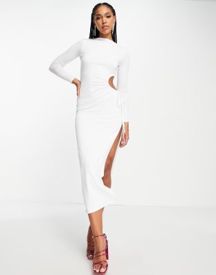 Aria Cove ruched open side maxi dress with thigh slit in white | ASOS