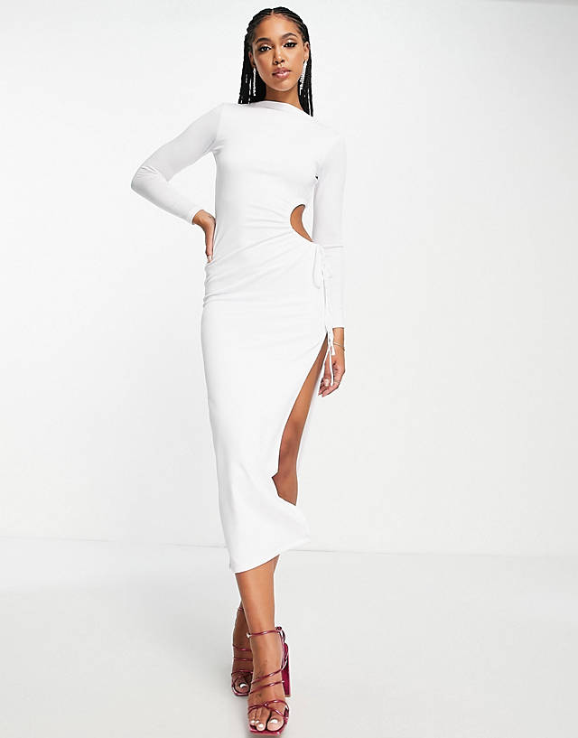 Aria Cove ruched open side maxi dress with thigh slit in white GN9092