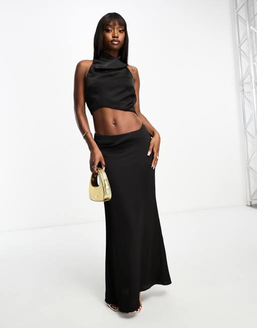 Aria Cove satin asymmetric maxi skirt co-ord in black | ASOS