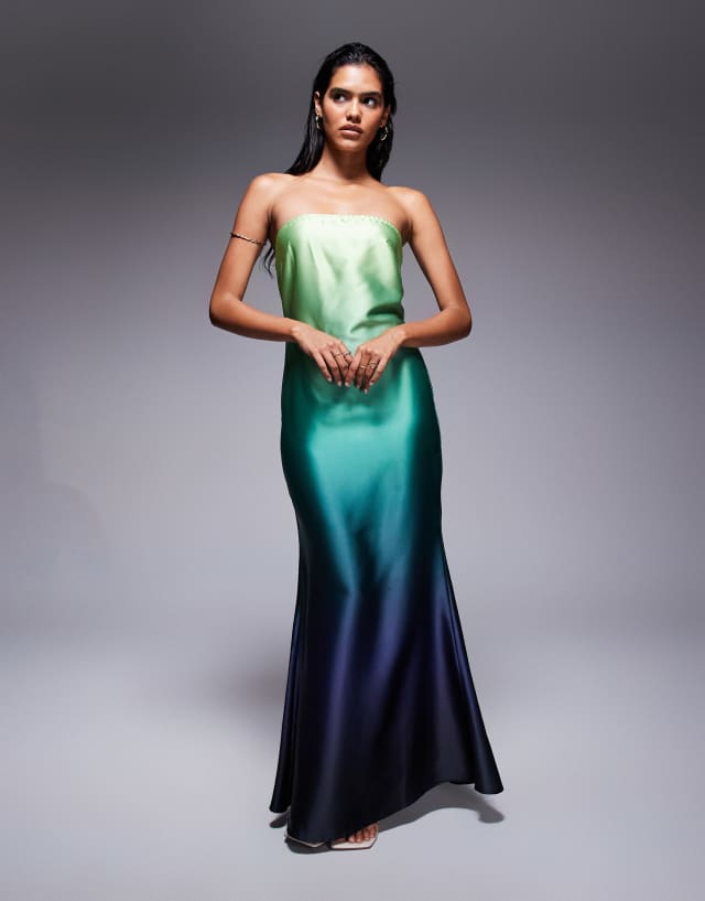 green satin bandeau dress Aria Cove trapeze maxi in ombre Bandeau maxi dress