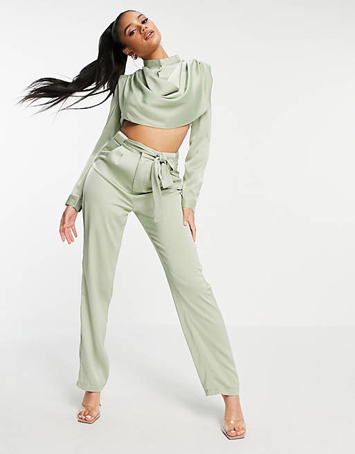 Aria Cove satin belted trouser co ord in green