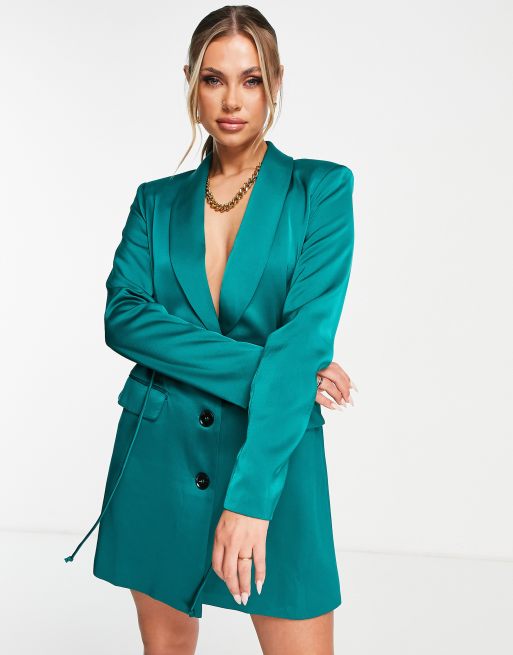 Aria Cove satin blazer dress with elasticized waist in green