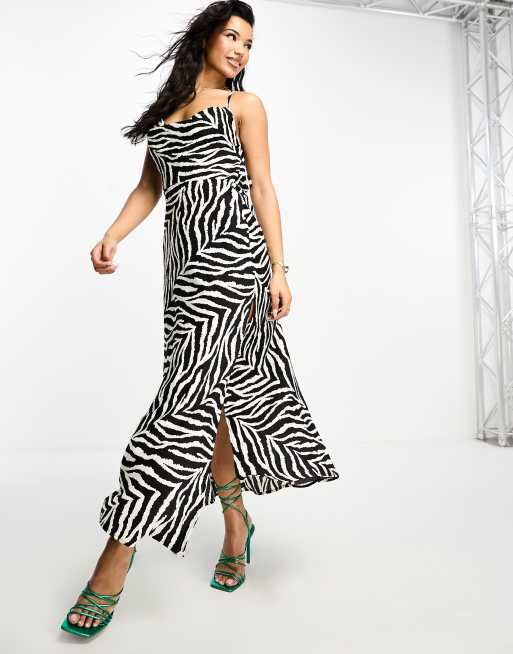 Aria Cove satin cowl front maxi dress with thigh split in zebra | ASOS