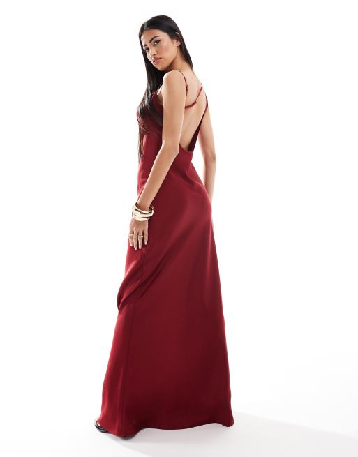Aria Cove satin cowl neck open cross back maxi dress in red, 2 of 4