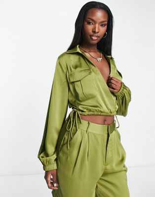 Aria Cove satin cropped shirt co-ord in olive