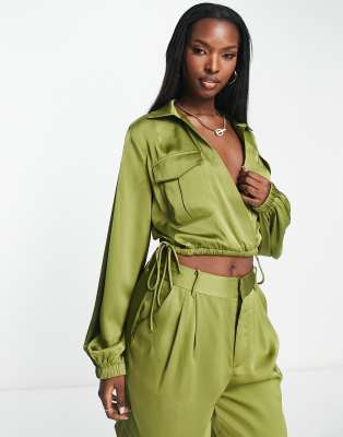 Aria Cove Satin Cropped Shirt In Olive - Part Of A Set-green