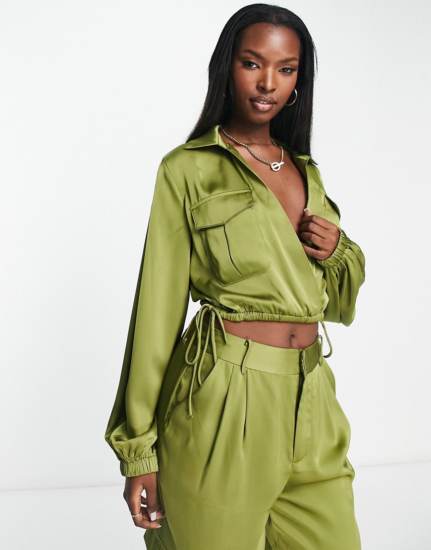 Aria Cove satin cropped shirt in olive - part of a set-Green