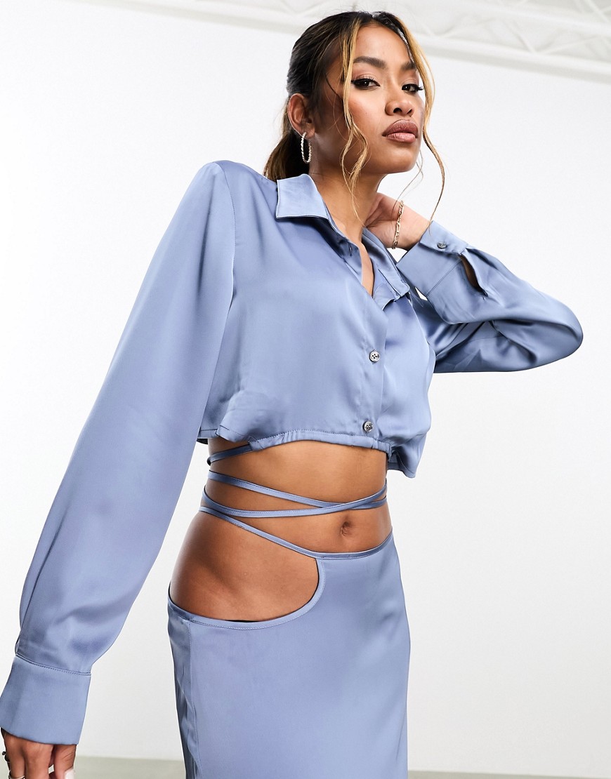Aria Cove satin cropped wrap tie waist shirt co-ord in blue