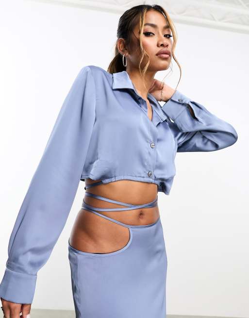 Aria Cove satin cropped wrap tie waist shirt in blue - part of a set