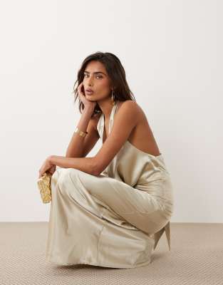 Aria Cove satin deep cowl neck scarf detail maxi dress in light gold light gold 21890₽