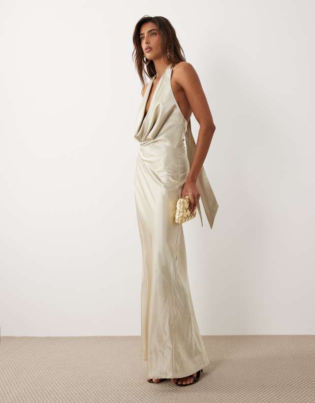 aria cove gold dress satin deep cowl neck scarf detail maxi in light model-phoebe
