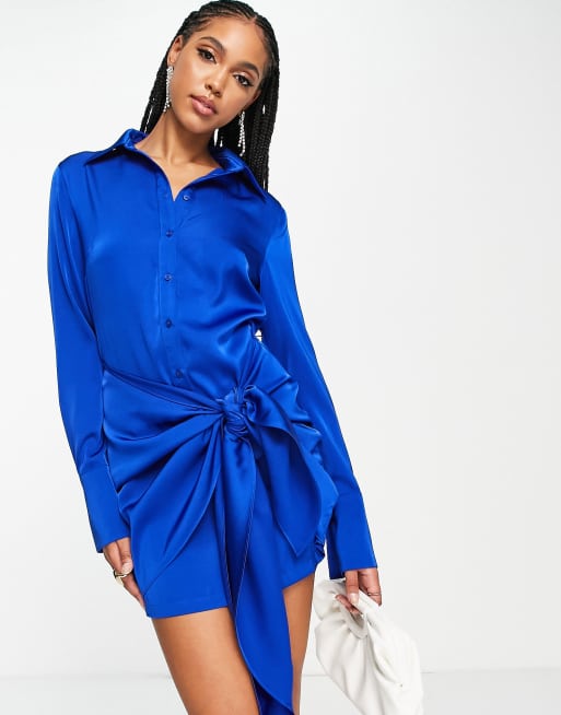 Blue satin store shirt dress