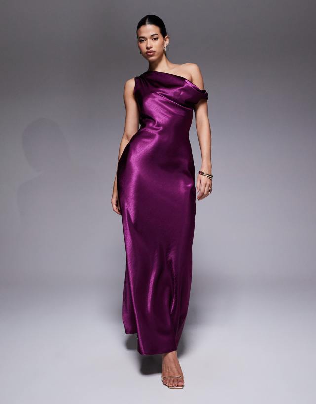 asos edition drape asymmetric maxi dress in satin Aria Cove shoulder plum Crafted from soft elastomultiester PO29 The Cutest Knee Length Color:Light Purple Print