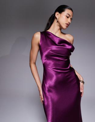 Aria Cove Satin Drape Asymmetric Shoulder Maxi Dress In Purple