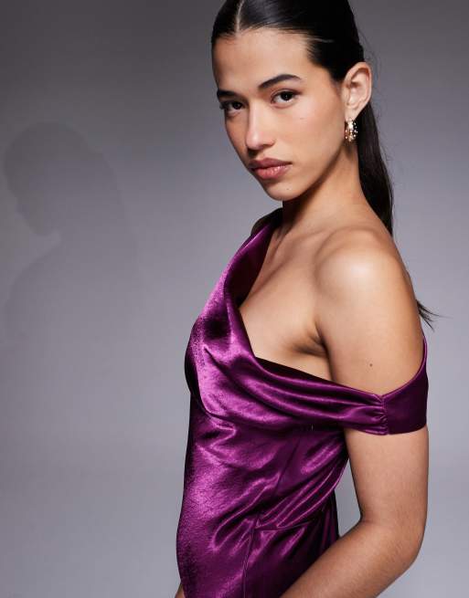 Aria Cove satin drape asymmetric shoulder maxi dress in plum