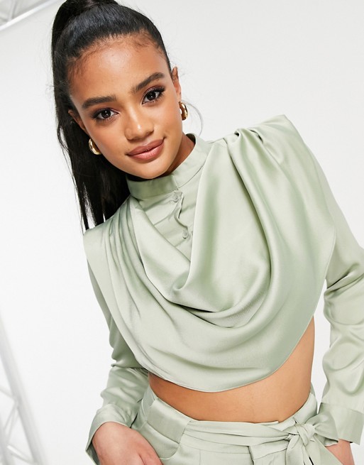 Aria Cove satin drape front cropped shirt co ord in green