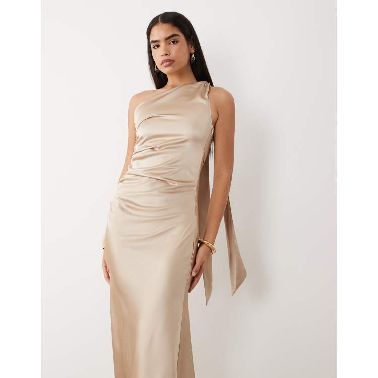 Aria Cove satin drape twist shoulder maxi dress in champagne | ASOS