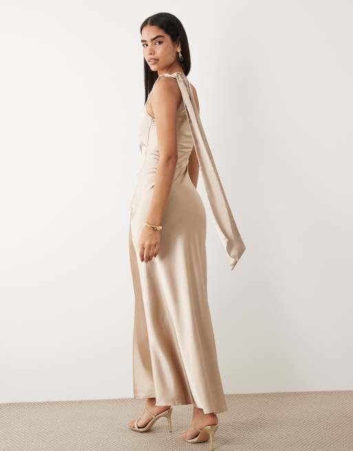 Aria Cove satin drape twist shoulder maxi dress in champagne, 2 of 4