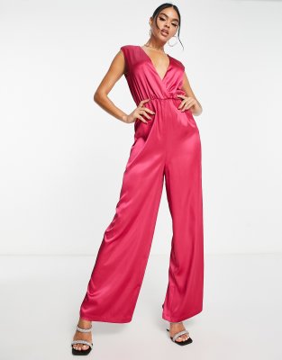 Aria Cove Satin Extreme Plunge Front Wide Leg Jumpsuit In Pink