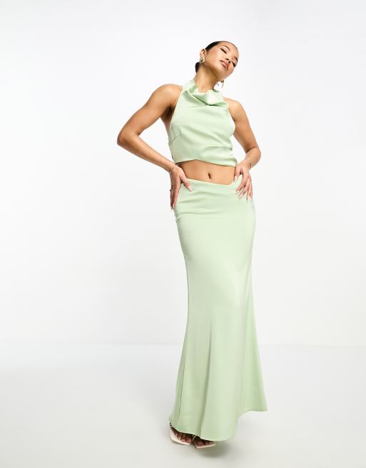 Aria Cove satin fishtail maxi skirt co ord in sage green ASOS