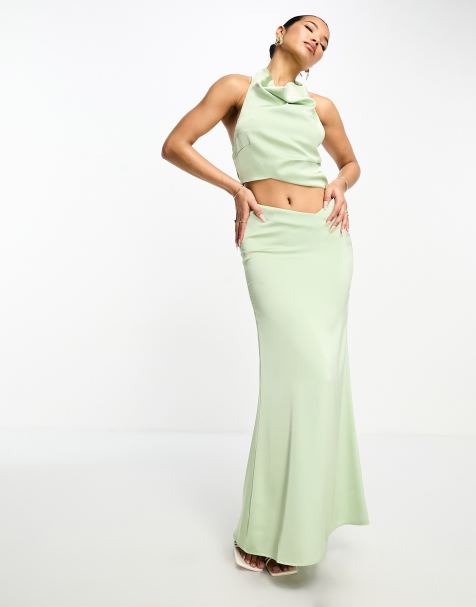 Aria Cove satin fishtail maxi skirt co-ord in sage green