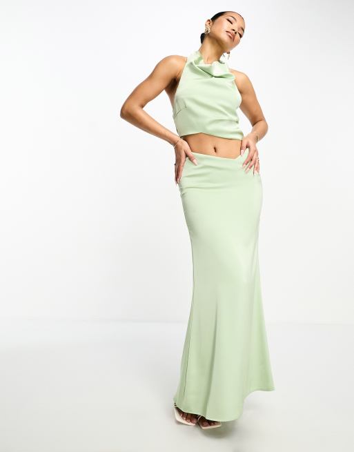 Aria Cove satin fishtail maxi skirt in sage green - part of a set
