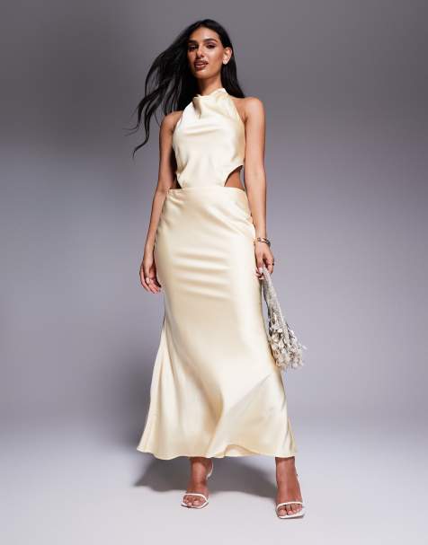 Aria Cove satin halterneck cowl open tie back detail fishtail maxi dress in lemon - view 1