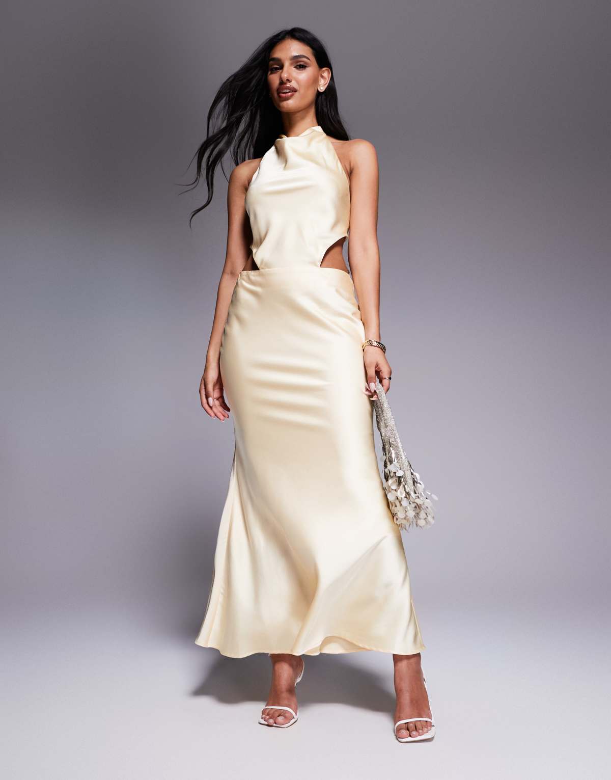 Aria Cove satin halterneck cowl open tie back detail fishtail maxi dress in lemon