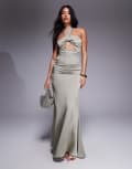 [Aria Cove] Aria Cove satin halterneck knot front cut-out detail maxi dress in khaki-Green 6 KHAKI
