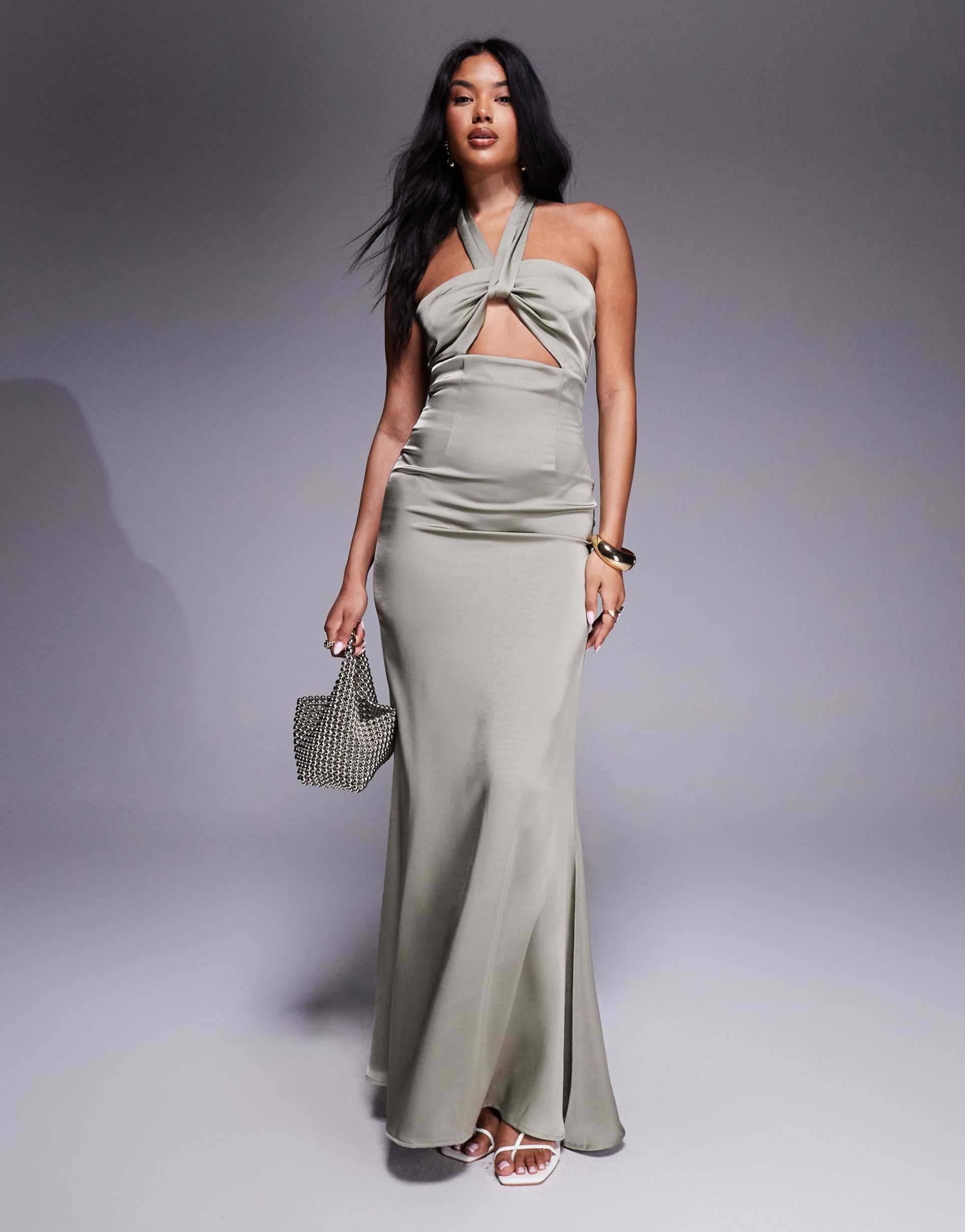 aria cove satin halterneck knot front cut-out detail maxi dress in khaki