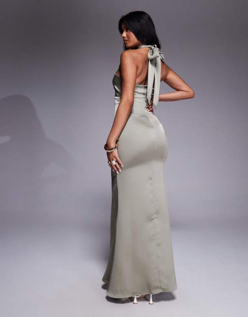 Aria Cove satin halterneck knot front cut-out detail maxi dress in khaki