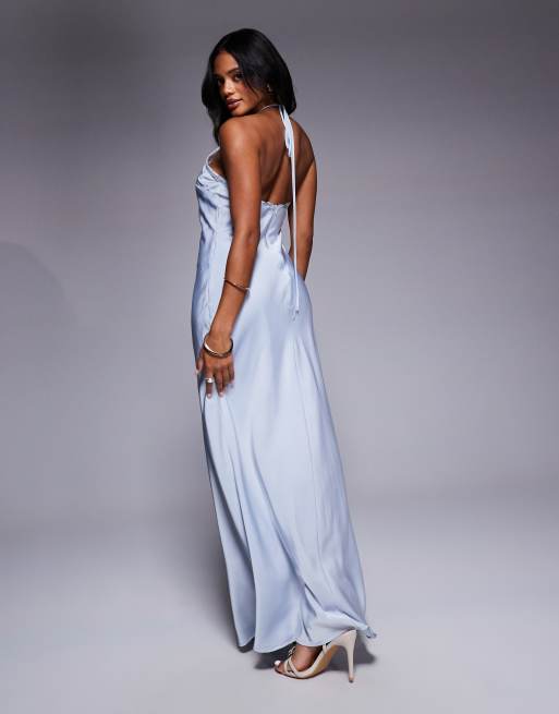 Aria Cove satin halterneck lace detail maxi dress in soft blue
