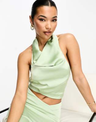 Aria Cove Aria Cove satin halterneck tie back top co-ord in sage green