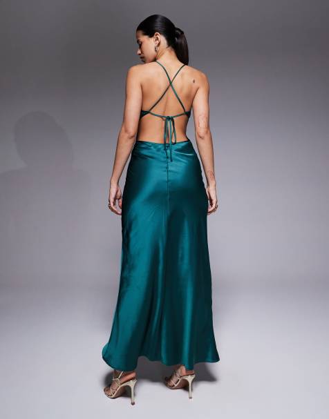 Aria Cove satin keyhole detail open strappy back maxi dress in emerald - view 1