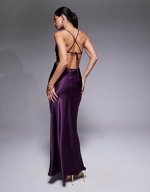 purple satin maxi dress Salom V-Neck Flared 95% Polyester 5% Spandex Lining Satin Rhinestone Maxi Dress in