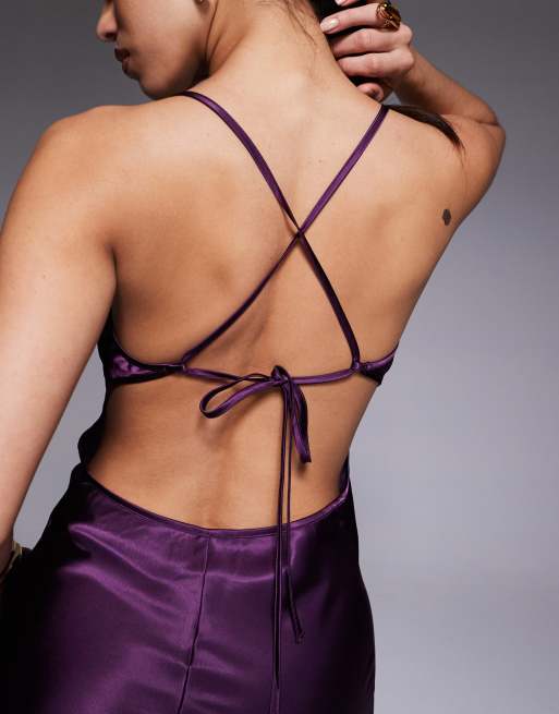 Aria Cove satin keyhole detail open tie back maxi dress in purple